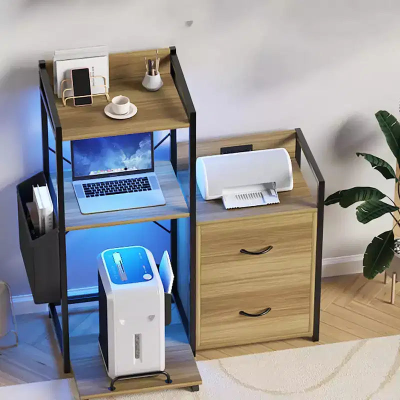 Nero / Legno Naturale / Marrone Retrò Classificatore a 2 Cassetti con Ciabatta Elettrica e LED RGB, Per Utente Singolo