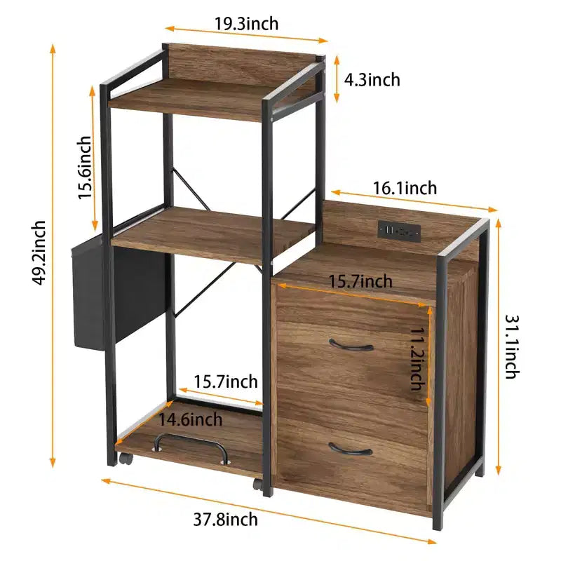 Nero / Legno Naturale / Marrone Retrò Classificatore a 2 Cassetti con Ciabatta Elettrica e LED RGB, Per Utente Singolo