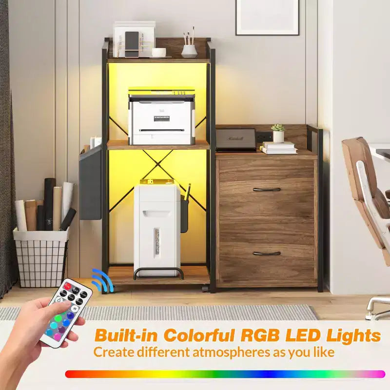 Nero / Legno Naturale / Marrone Retrò Classificatore a 2 Cassetti con Ciabatta Elettrica e LED RGB, Per Utente Singolo