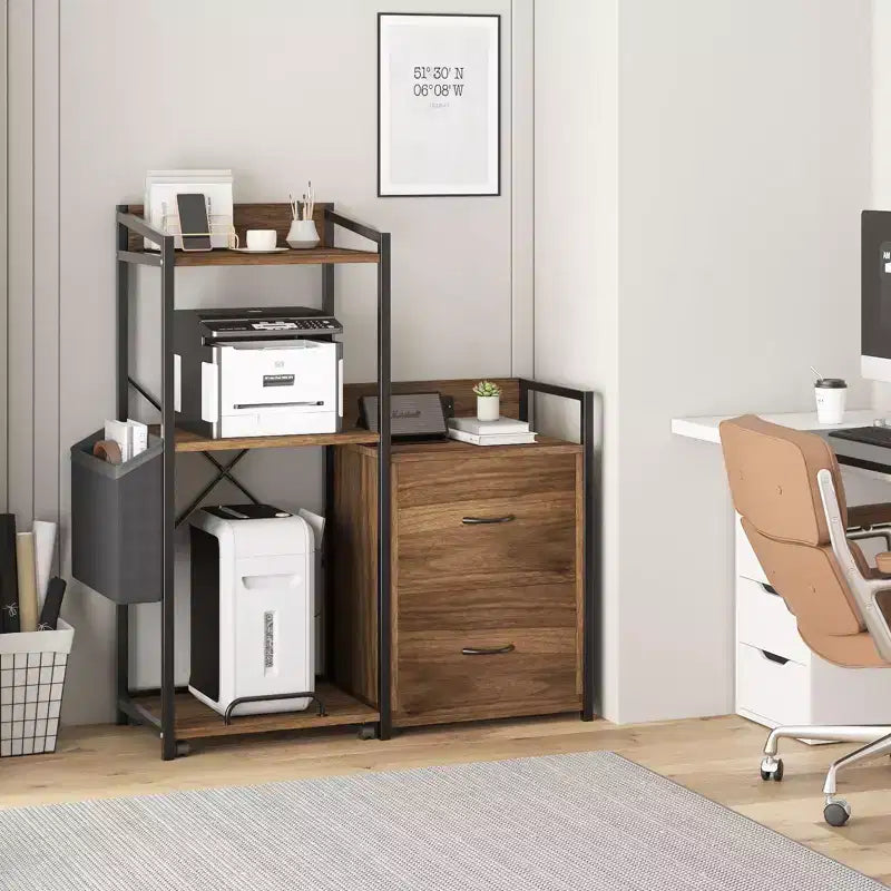 Nero / Legno Naturale / Marrone Retrò Classificatore a 2 Cassetti con Ciabatta Elettrica e LED RGB, Per Utente Singolo