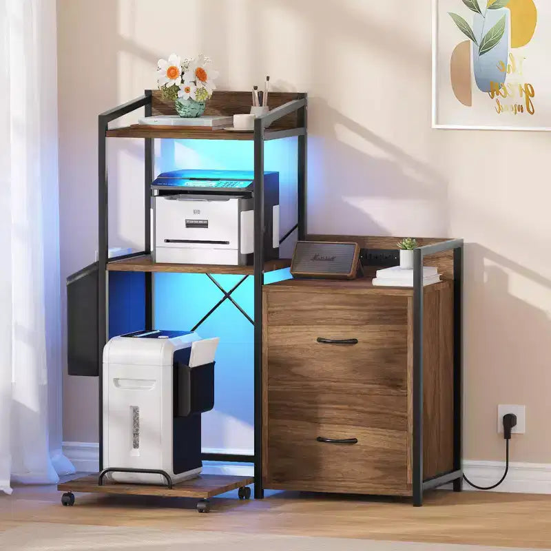 Nero / Legno Naturale / Marrone Retrò Classificatore a 2 Cassetti con Ciabatta Elettrica e LED RGB, Per Utente Singolo
