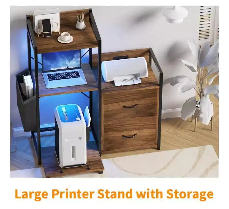 Nero / Legno Naturale / Marrone Retrò Classificatore a 2 Cassetti con Ciabatta Elettrica e LED RGB, Per Utente Singolo