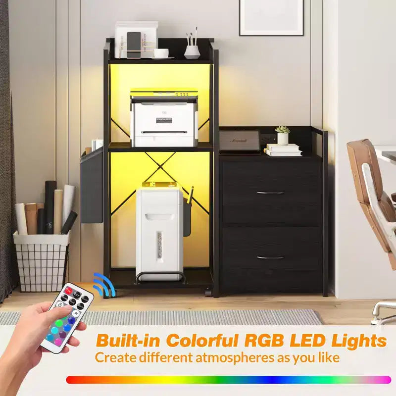 Nero / Legno Naturale / Marrone Retrò Classificatore a 2 Cassetti con Ciabatta Elettrica e LED RGB, Per Utente Singolo