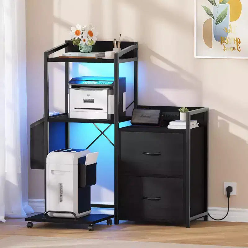 Nero / Legno Naturale / Marrone Retrò Classificatore a 2 Cassetti con Ciabatta Elettrica e LED RGB, Per Utente Singolo