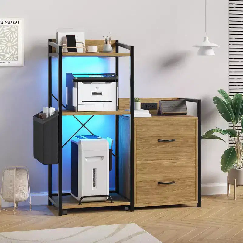 Nero / Legno Naturale / Marrone Retrò Classificatore a 2 Cassetti con Ciabatta Elettrica e LED RGB, Per Utente Singolo