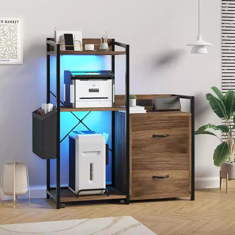 Nero / Legno Naturale / Marrone Retrò Classificatore a 2 Cassetti con Ciabatta Elettrica e LED RGB, Per Utente Singolo