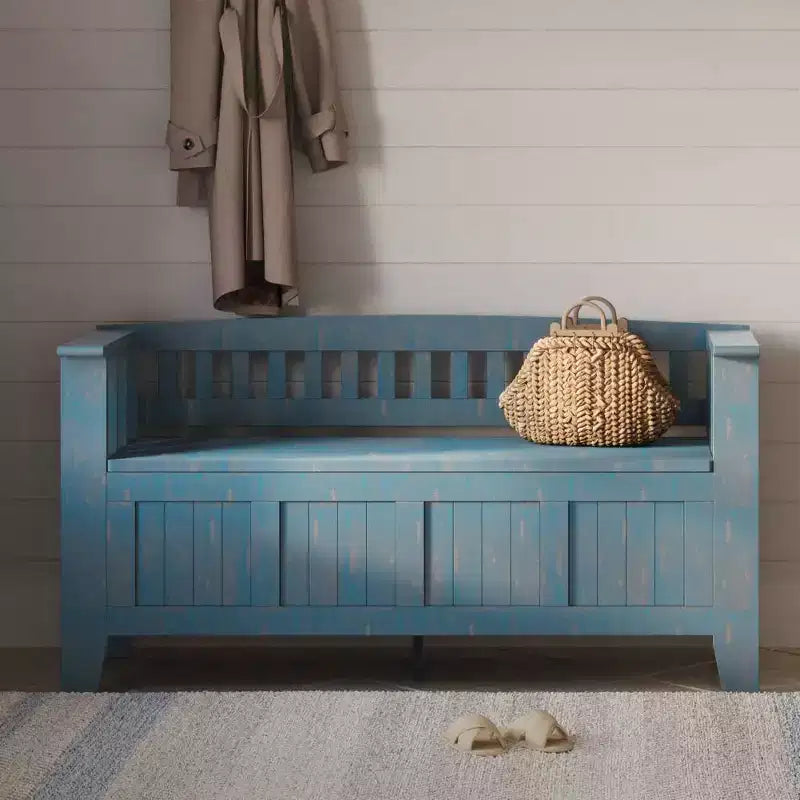 Panca contenitore per ingresso in legno massello, 2 posti, colore nero/bianco/marrone/grigio/blu