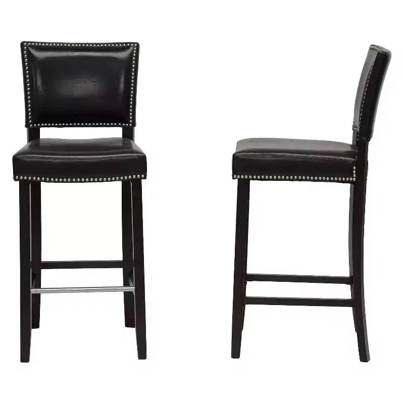 Sgabello da bar in vinile nero con borchie decorative, schienale medio, set da 2