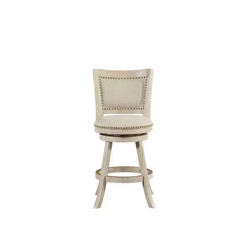 Sgabello da bancone girevole in lino avorio, schienale medio, borchie decorative, 1 posto