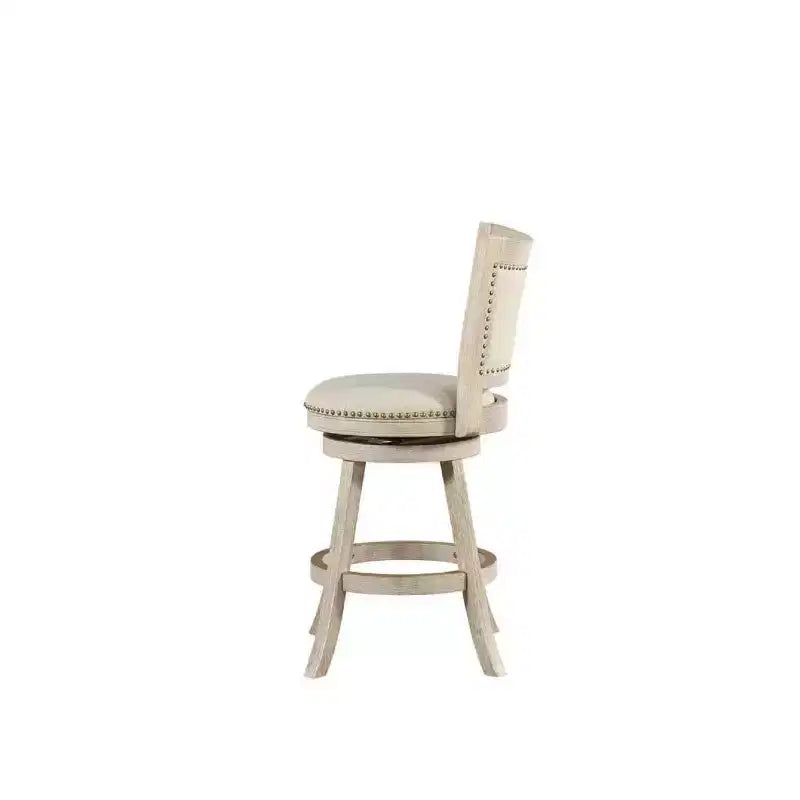 Sgabello da bancone girevole in lino avorio, schienale medio, borchie decorative, 1 posto