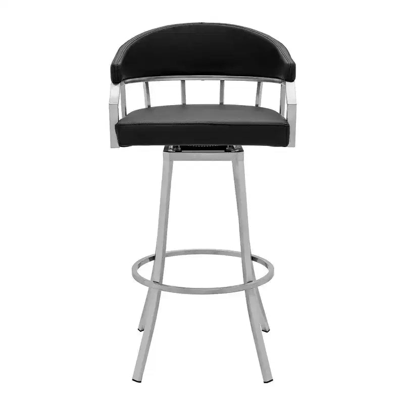 Sgabello da bar Palmdale da 26" altezza bancone con finta pelle nera e finitura in acciaio inossidabile spazzolato - Armen Living: Girevole, Imbottito, Design Moderno