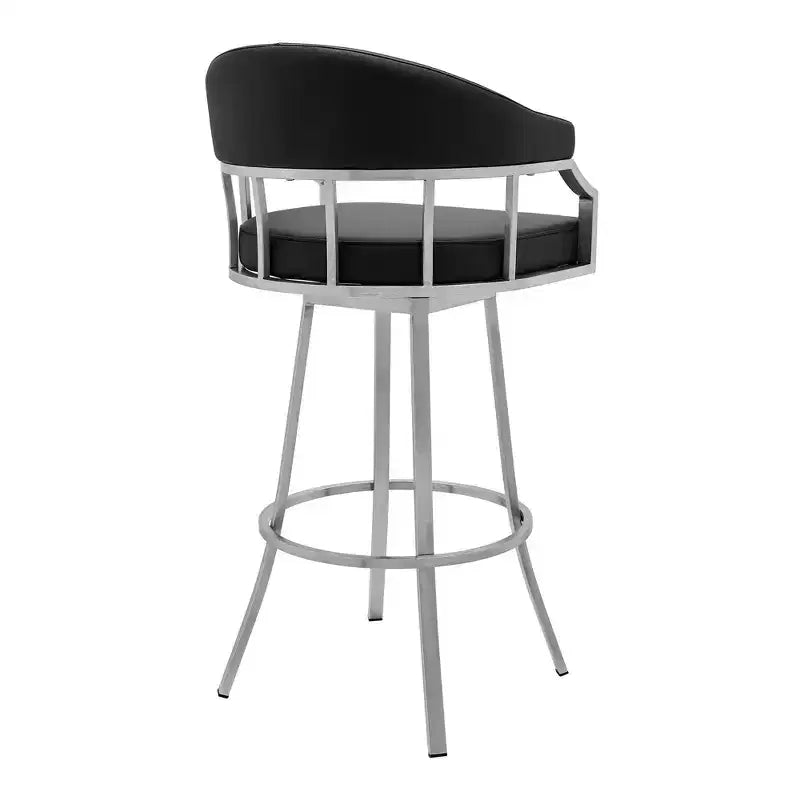 Sgabello da bar Palmdale da 26" altezza bancone con finta pelle nera e finitura in acciaio inossidabile spazzolato - Armen Living: Girevole, Imbottito, Design Moderno