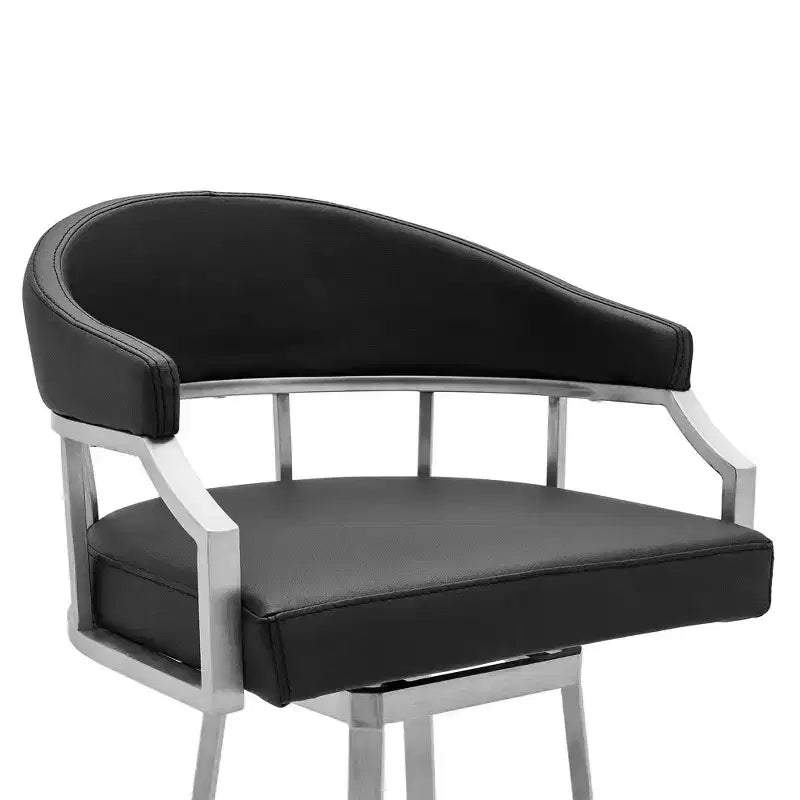 Sgabello da bar Palmdale da 26" altezza bancone con finta pelle nera e finitura in acciaio inossidabile spazzolato - Armen Living: Girevole, Imbottito, Design Moderno