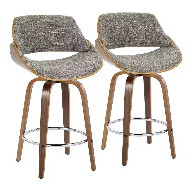 Set of 2 Fabrizzi Counter Height Barstools Walnut/Chrome/Gray: Swivel, Upholstered, Wood Frame - LumiSource