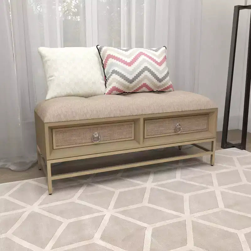 Panca Contenitore in Lino Contemporanea Beige - Olivia & May: Rivestimento Trapuntato, Struttura in Ferro e Legno, Gambe in Acciaio Inossidabile, 2 Posti a Sedere