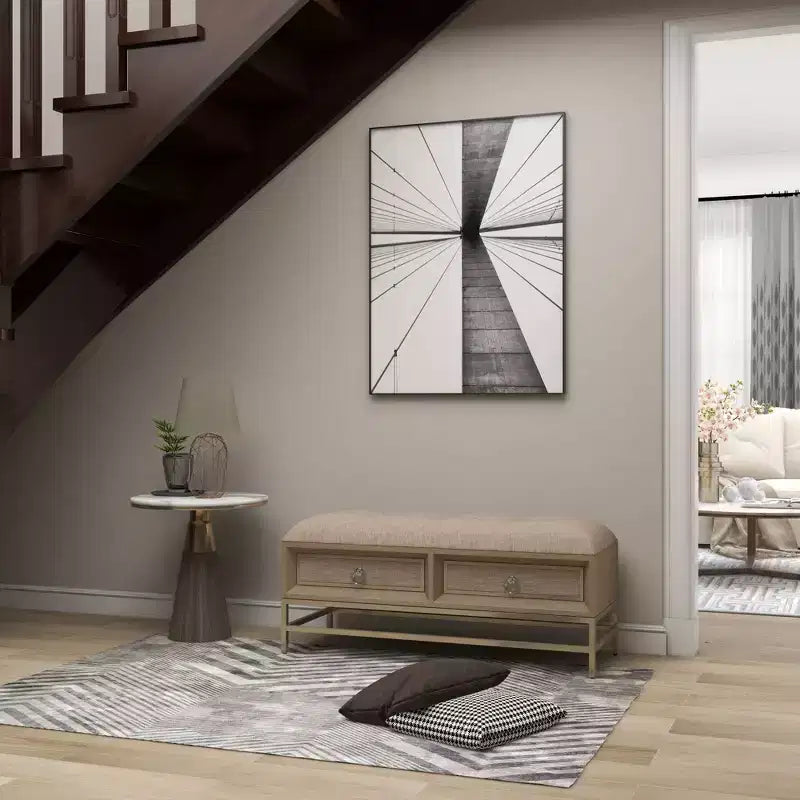 Panca Contenitore in Lino Contemporanea Beige - Olivia & May: Rivestimento Trapuntato, Struttura in Ferro e Legno, Gambe in Acciaio Inossidabile, 2 Posti a Sedere
