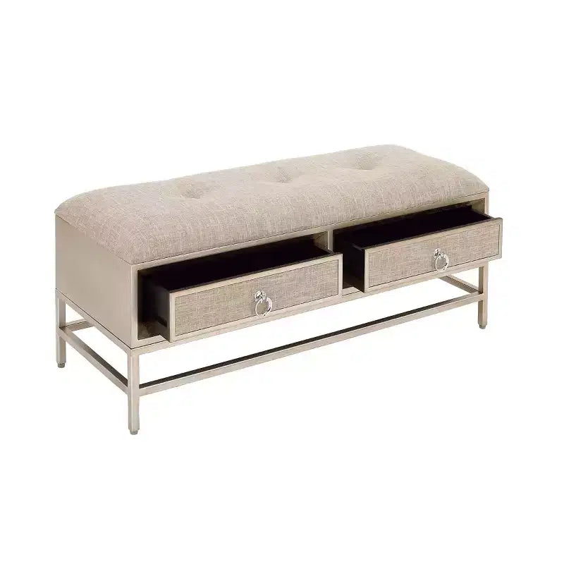 Panca Contenitore in Lino Contemporanea Beige - Olivia & May: Rivestimento Trapuntato, Struttura in Ferro e Legno, Gambe in Acciaio Inossidabile, 2 Posti a Sedere