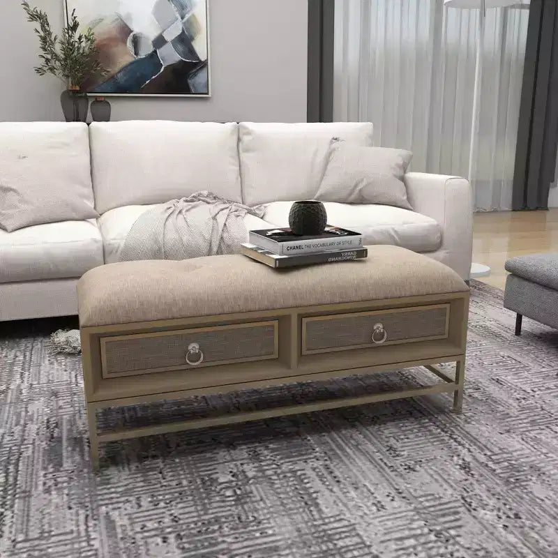 Panca Contenitore in Lino Contemporanea Beige - Olivia & May: Rivestimento Trapuntato, Struttura in Ferro e Legno, Gambe in Acciaio Inossidabile, 2 Posti a Sedere