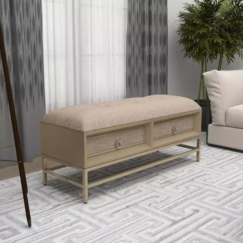 Panca Contenitore in Lino Contemporanea Beige - Olivia & May: Rivestimento Trapuntato, Struttura in Ferro e Legno, Gambe in Acciaio Inossidabile, 2 Posti a Sedere