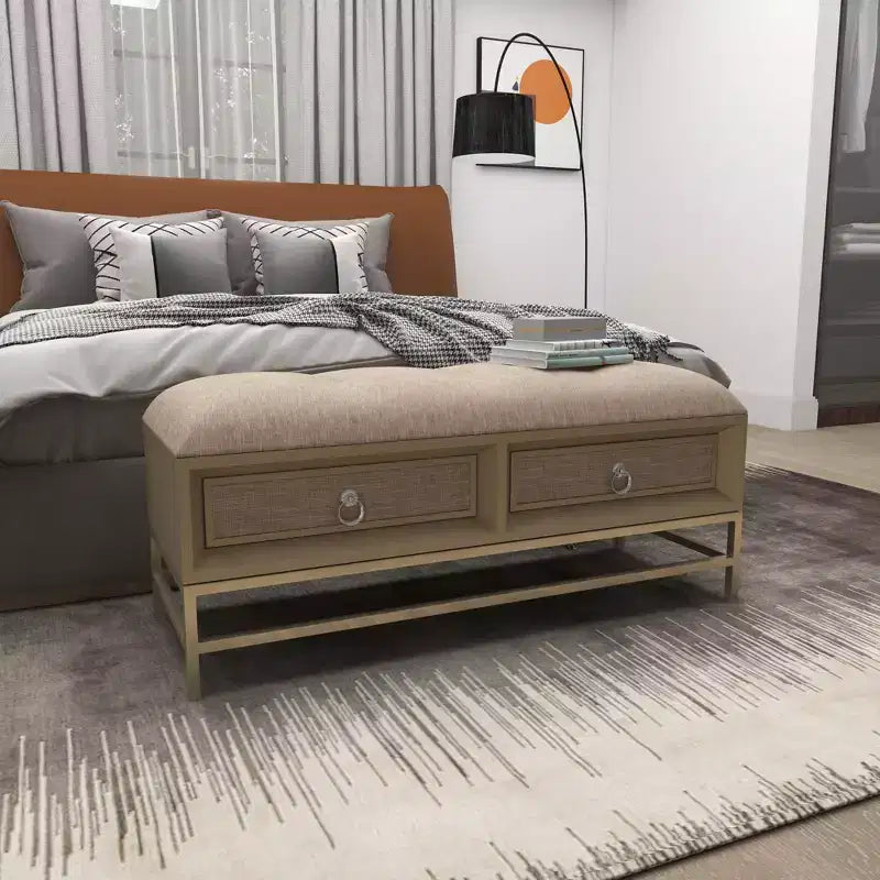 Panca Contenitore in Lino Contemporanea Beige - Olivia & May: Rivestimento Trapuntato, Struttura in Ferro e Legno, Gambe in Acciaio Inossidabile, 2 Posti a Sedere