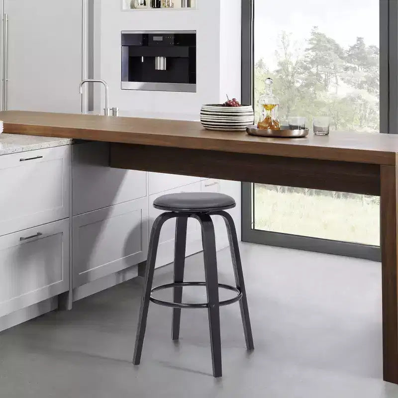 Sgabello da bar Armen Living 30" Harbor senza schienale girevole in similpelle e legno, altezza bancone, grigio/nero: Seduta rotonda, poggiapiedi, altezza fissa