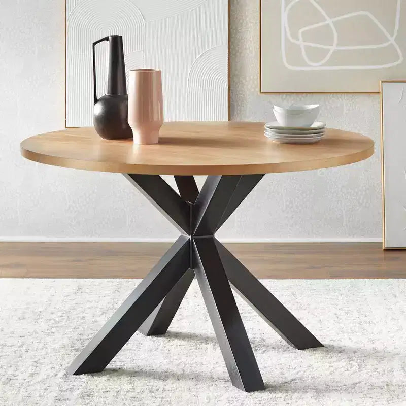 Tavolo da pranzo rotondo Lifestorey Gilcrest nero/naturale: moderno di metà secolo, 4 posti, base in legno di caucciù