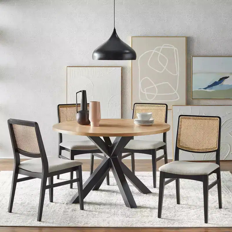 Tavolo da pranzo rotondo Lifestorey Gilcrest nero/naturale: moderno di metà secolo, 4 posti, base in legno di caucciù