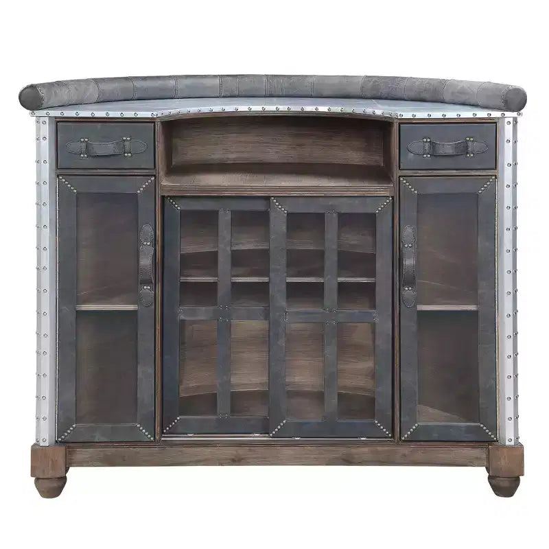 Rahma 55" Wine Racks Antique Black Top Grain Leather and Aluminum - Acme Furniture