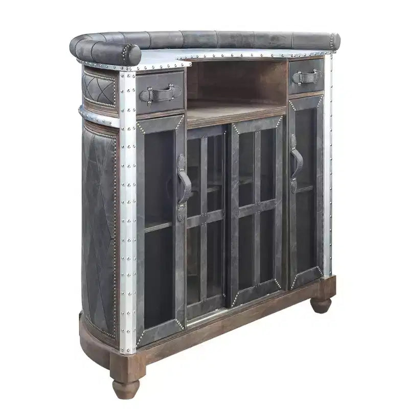 Rahma Scaffali portabottiglie da 55" in pelle fiore nera anticata e alluminio - Acme Furniture