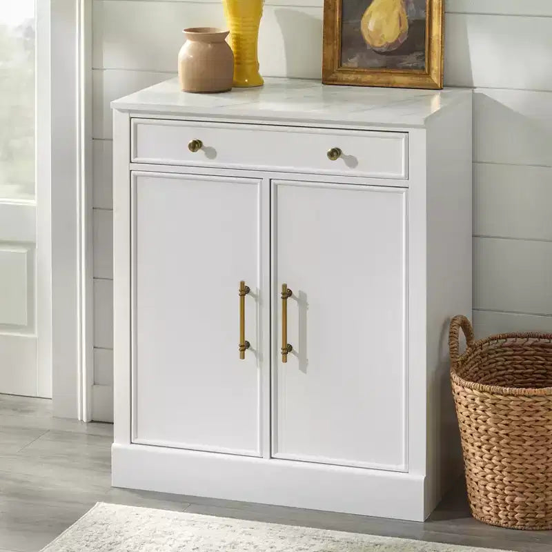 Lifestorey Monza Mobile Contenitore Modulare con Top Effetto Marmo 1 Cassetto 2 Ante Bianco: Top Effetto Marmo, Maniglie Tonalità Ottone, Ripiano Regolabile