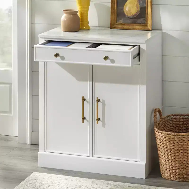 Lifestorey Monza Mobile Contenitore Modulare con Top Effetto Marmo 1 Cassetto 2 Ante Bianco: Top Effetto Marmo, Maniglie Tonalità Ottone, Ripiano Regolabile