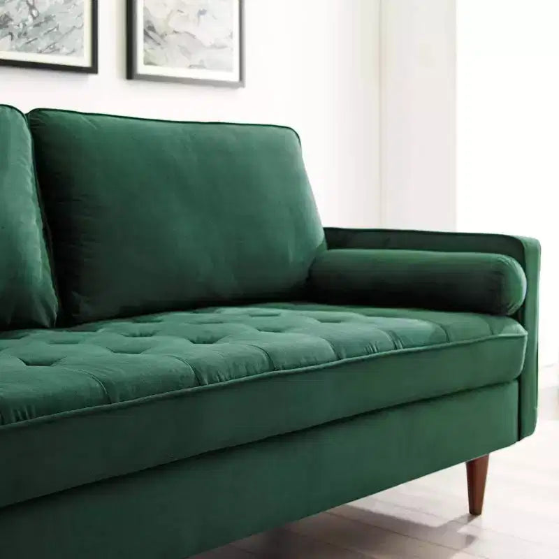 Divano a tre posti in velluto verde capitonné, stile metà secolo