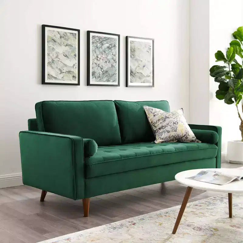 Divano a tre posti in velluto verde capitonné, stile metà secolo