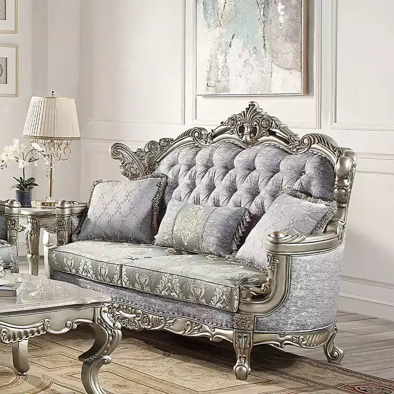 Divano Miliani da 73" in tessuto con finitura bronzo anticato - Acme Furniture: Rivestimento in pelle, struttura in legno, include 3 cuscini