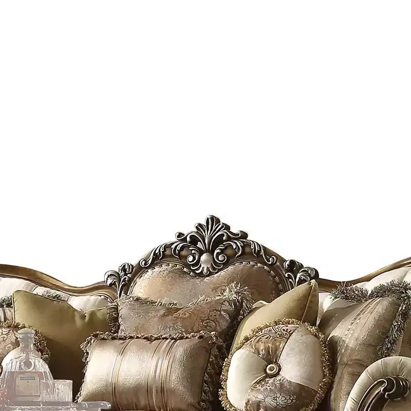 Divano in tessuto Latisha Acme Furniture 88", motivo colore Tortora/Quercia Antico: include 4 cuscini, finiture borchiate, struttura in legno
