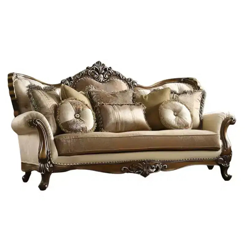Divano in tessuto Latisha Acme Furniture 88", motivo colore Tortora/Quercia Antico: include 4 cuscini, finiture borchiate, struttura in legno
