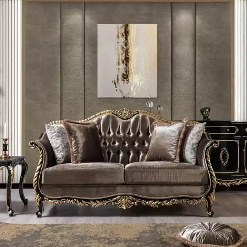 Divano Betria 75" in Velluto Verde Chiaro, Finitura Lucida Oro e Nera - Acme Furniture