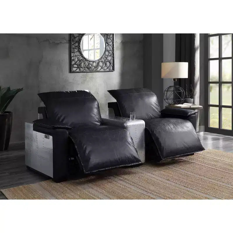 Divani reclinabili elettrici Misezon da 86" in pelle primo fiore nera e alluminio - Acme Furniture