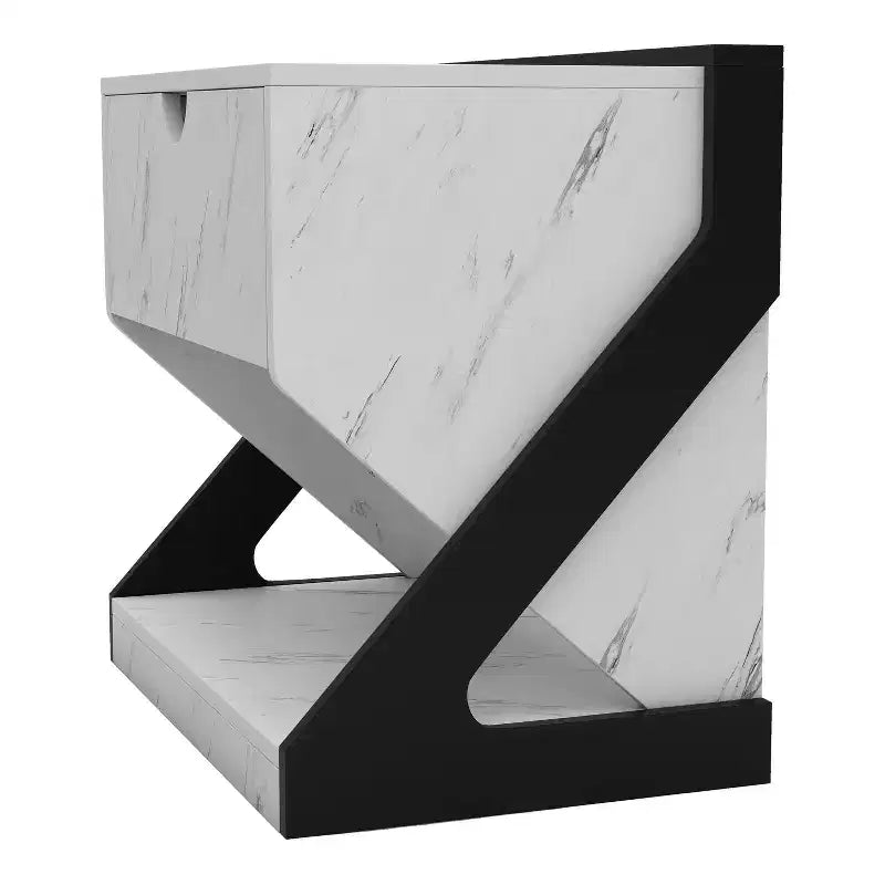 Comodino Galahad moderno in similmarmo bianco con cassetto - miBasics: Struttura in MDF, Ripiano a giorno, Finitura liscia, Capacità 22,6 kg