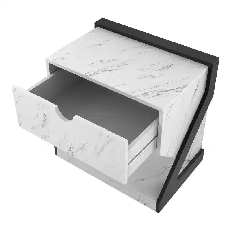 Comodino Galahad moderno in similmarmo bianco con cassetto - miBasics: Struttura in MDF, Ripiano a giorno, Finitura liscia, Capacità 22,6 kg