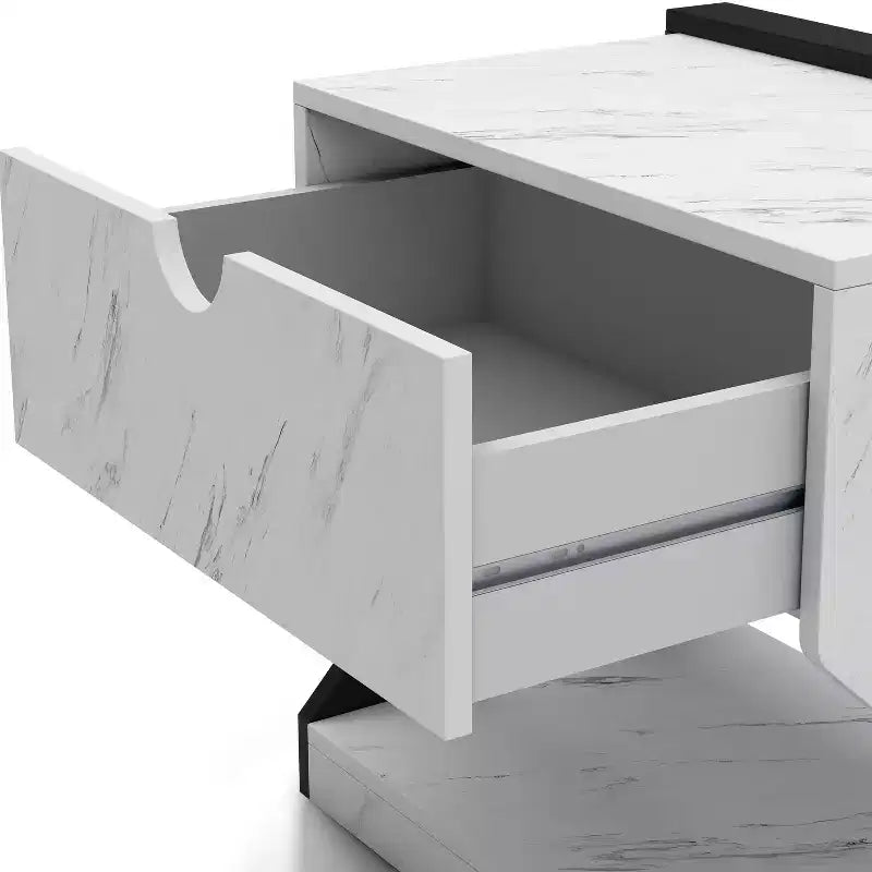 Comodino Galahad moderno in similmarmo bianco con cassetto - miBasics: Struttura in MDF, Ripiano a giorno, Finitura liscia, Capacità 22,6 kg