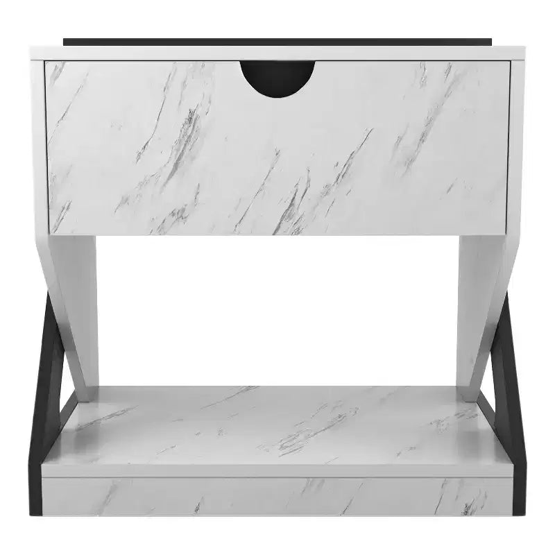 Comodino Galahad moderno in similmarmo bianco con cassetto - miBasics: Struttura in MDF, Ripiano a giorno, Finitura liscia, Capacità 22,6 kg