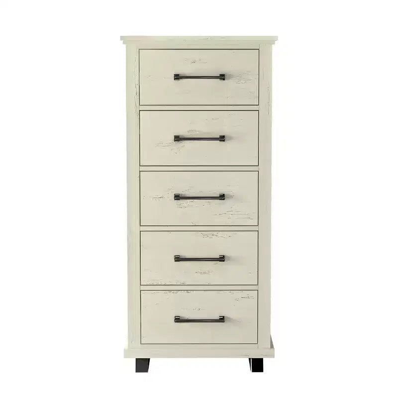 Cassettiera larga 60 cm a 5 cassetti con eleganti maniglie in metallo effetto legno, colore bianco sporco segato - Festivo