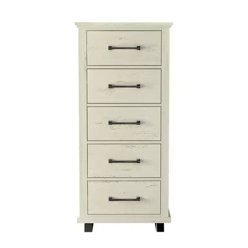 Cassettiera larga 60 cm a 5 cassetti con eleganti maniglie in metallo effetto legno, colore bianco sporco segato - Festivo