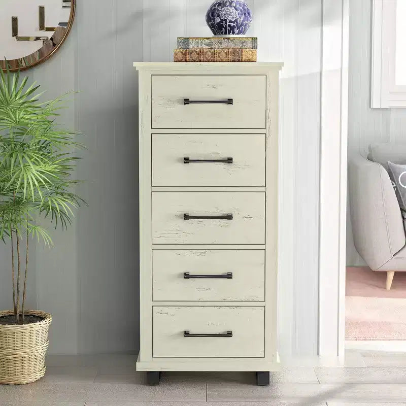 Cassettiera larga 60 cm a 5 cassetti con eleganti maniglie in metallo effetto legno, colore bianco sporco segato - Festivo