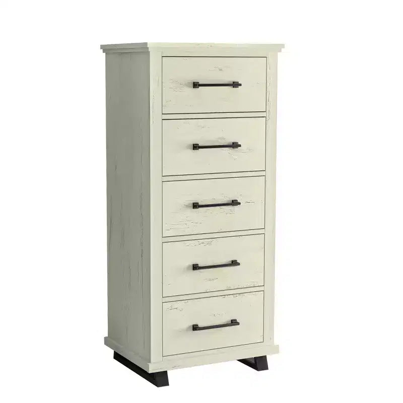 Cassettiera larga 60 cm a 5 cassetti con eleganti maniglie in metallo effetto legno, colore bianco sporco segato - Festivo
