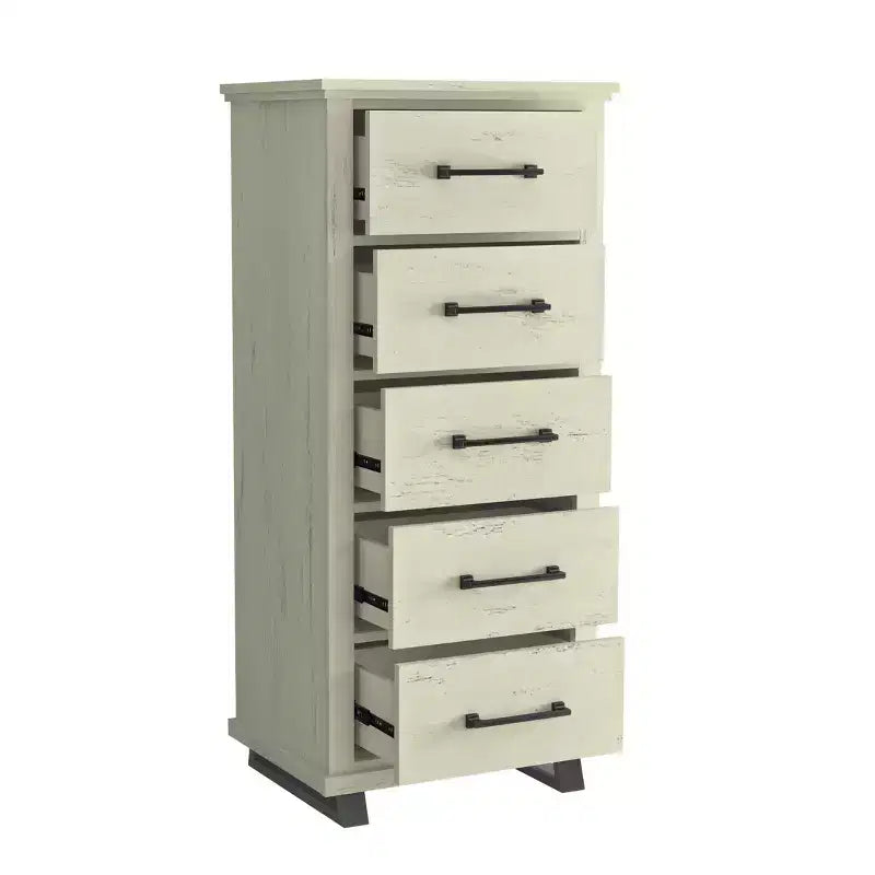 Cassettiera larga 60 cm a 5 cassetti con eleganti maniglie in metallo effetto legno, colore bianco sporco segato - Festivo