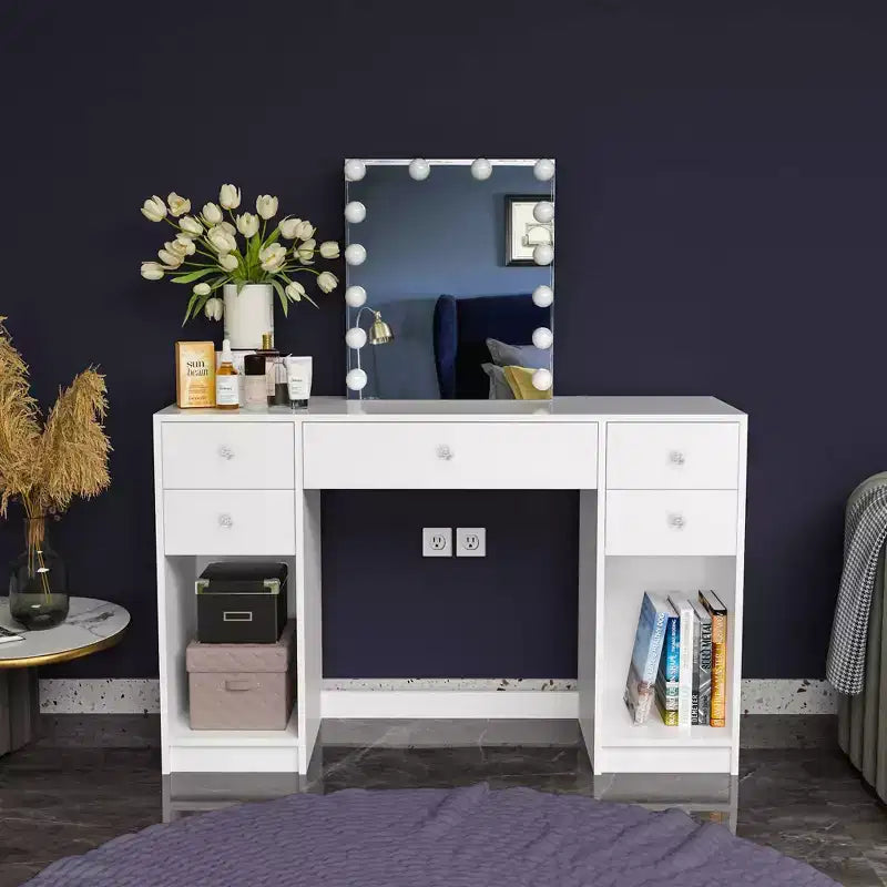 Anthea Specchiera Trucco Illuminata Bianca - Boahaus: 5 Cassetti, 14 Lampadine LED, Laminato in Legno, 127.8 cm A