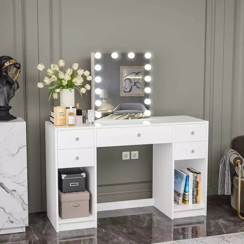 Anthea Specchiera Trucco Illuminata Bianca - Boahaus: 5 Cassetti, 14 Lampadine LED, Laminato in Legno, 127.8 cm A