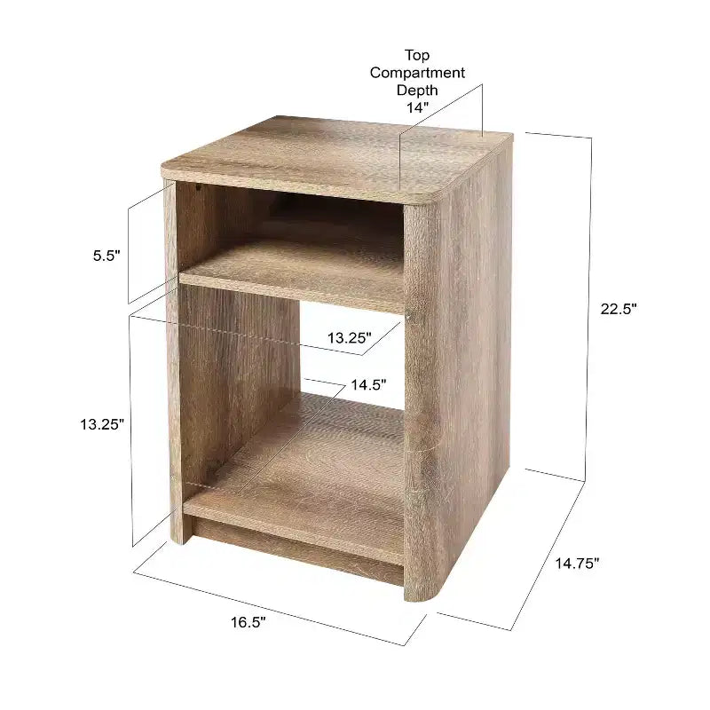 Comodino Storied Home Radius, scomparto portaoggetti quadrato, Quercia Costiera: Stile moderno da fattoria, resistente ai graffi, fessura per la ricarica dei dispositivi